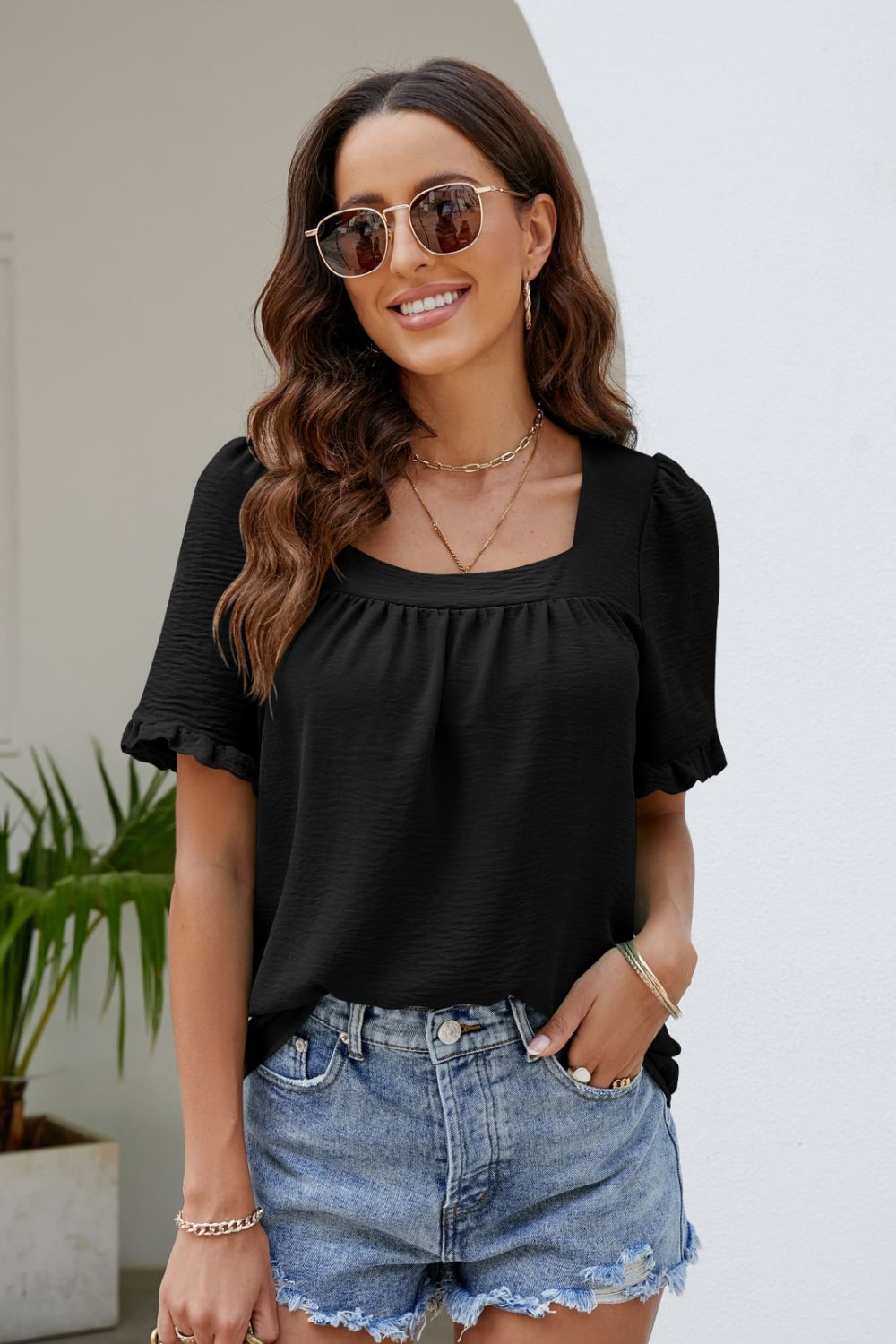 Frill Trim Puff Sleeve Square Neck Blouse  Shirts & Tops- Doll Fits