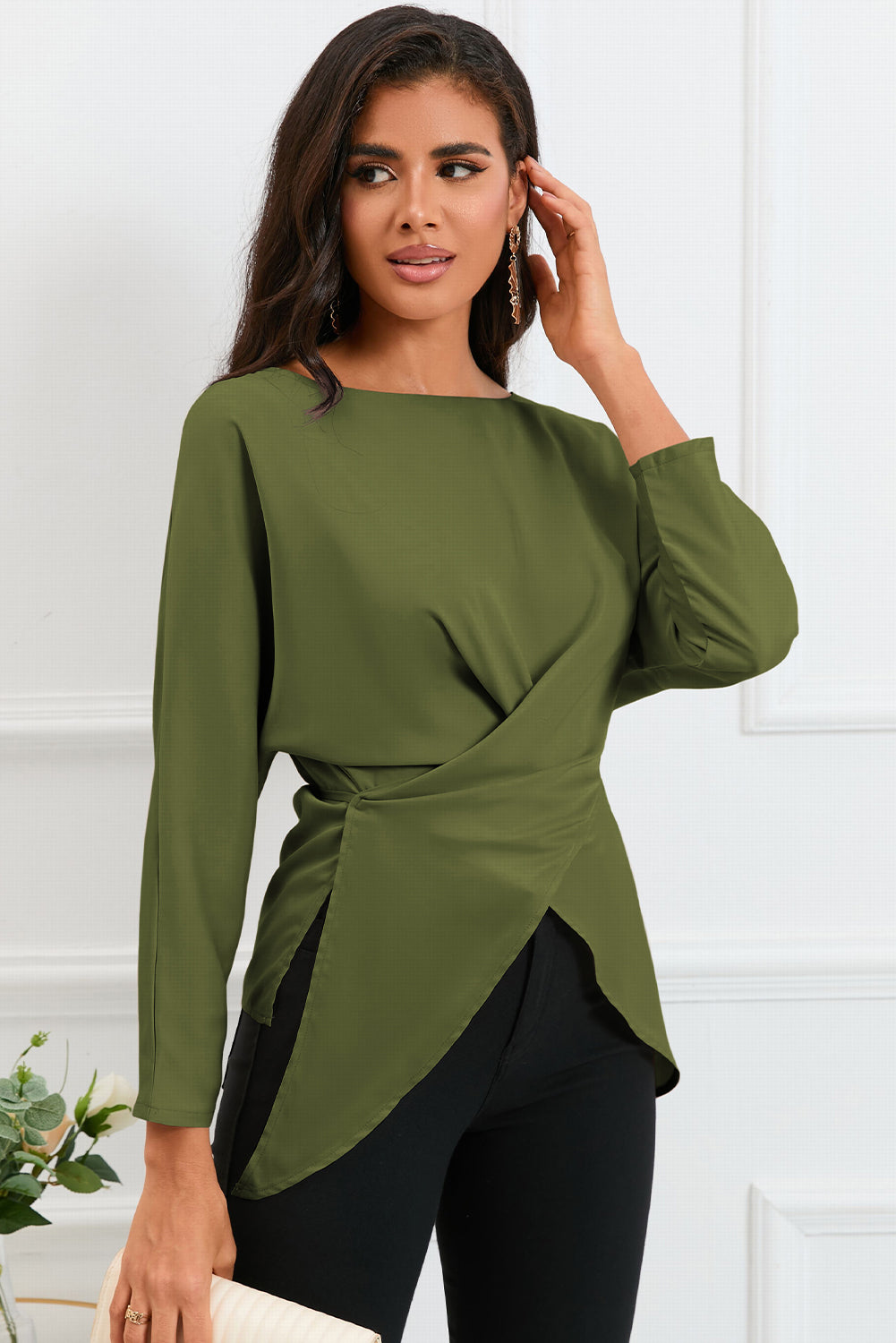 Boat Neck Back Tie Long Sleeve Satin Blouse  Shirts & Tops- Doll Fits