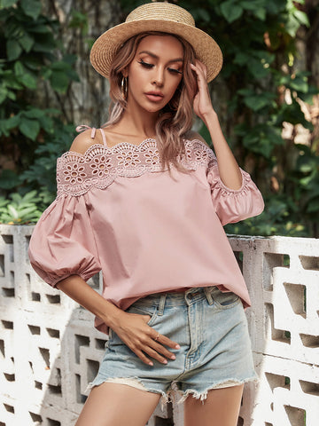 Lace Trim Off-Shoulder Bubble Sleeve Blouse  - Doll Fits
