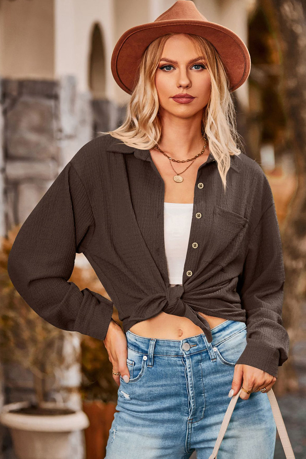 Twisted Collared Neck Long Sleeve Shirt  - Doll Fits