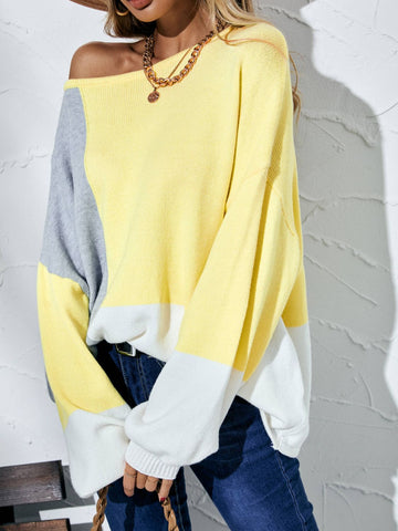Color Block Balloon Sleeve Boat Neck Sweater  Shirts & Tops- Doll Fits