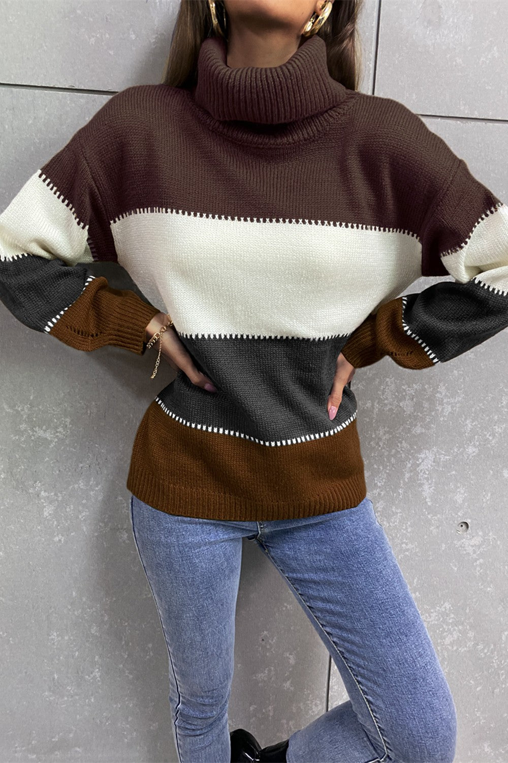 Color Block Lantern Sleeve Turtleneck Sweater  Shirts & Tops- Doll Fits