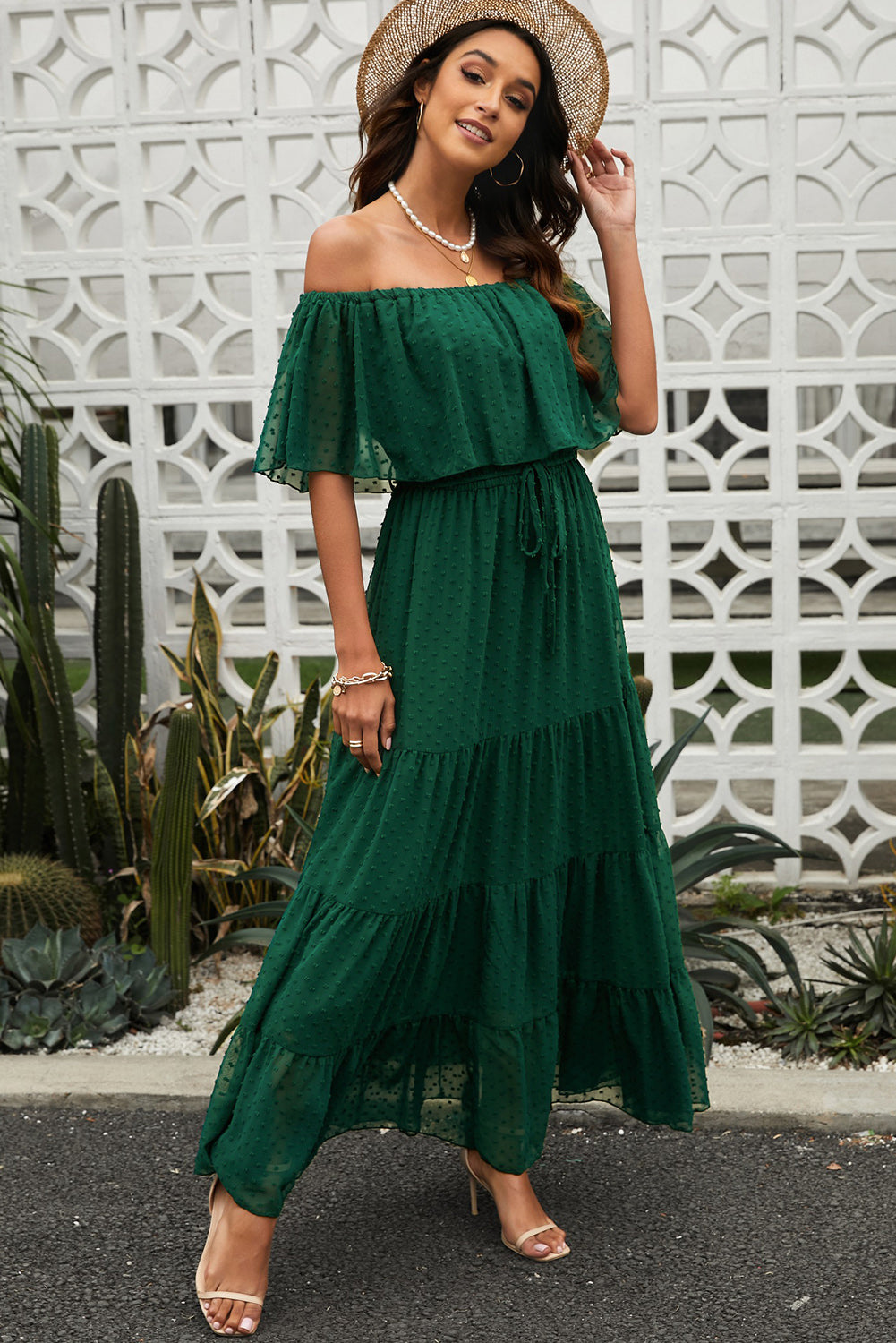 Swiss Dot Off-Shoulder Tiered Maxi Dress  Dresses- Doll Fits