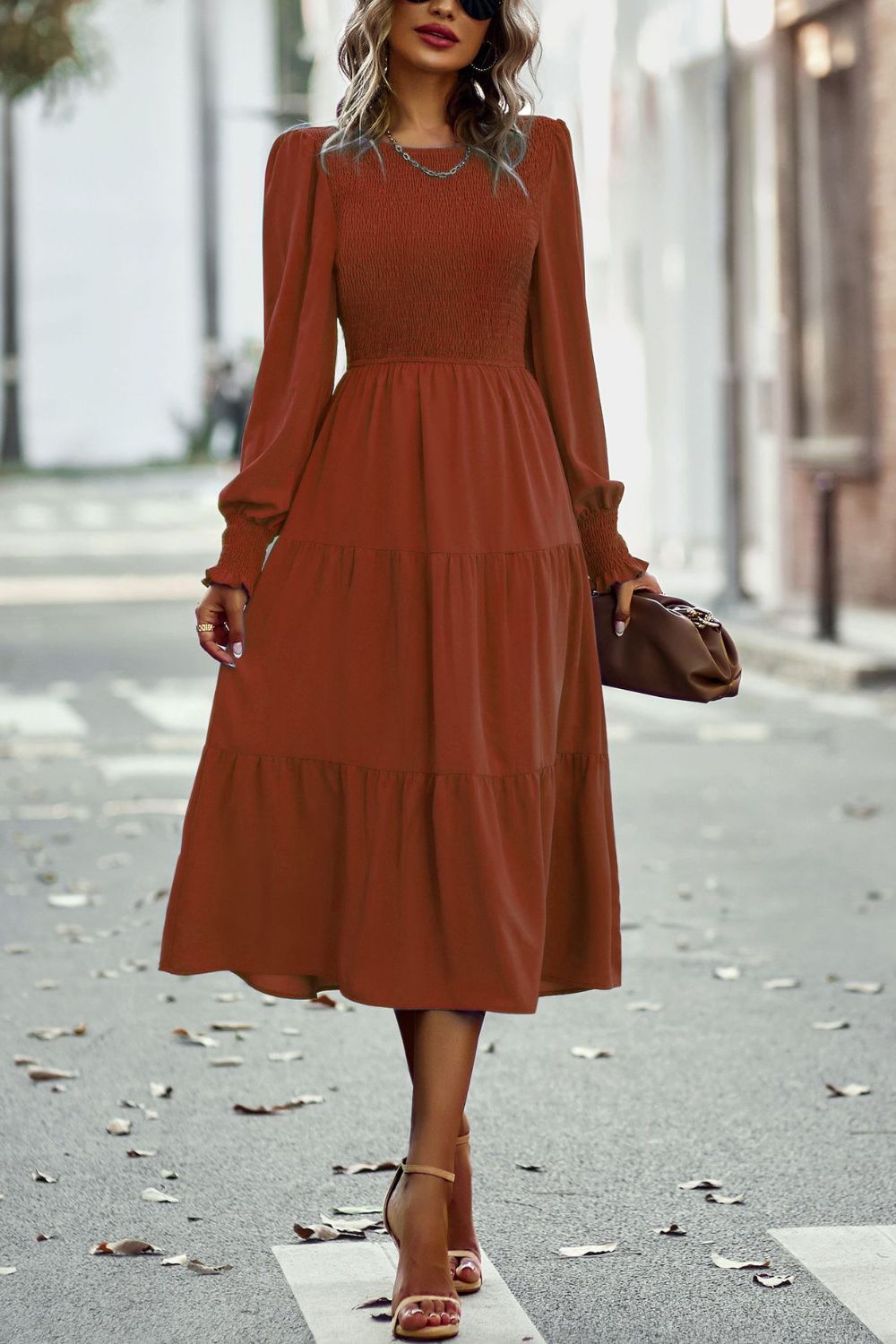 Smocked Long Puff Sleeve Tiered Midi Dress  Dresses- Doll Fits