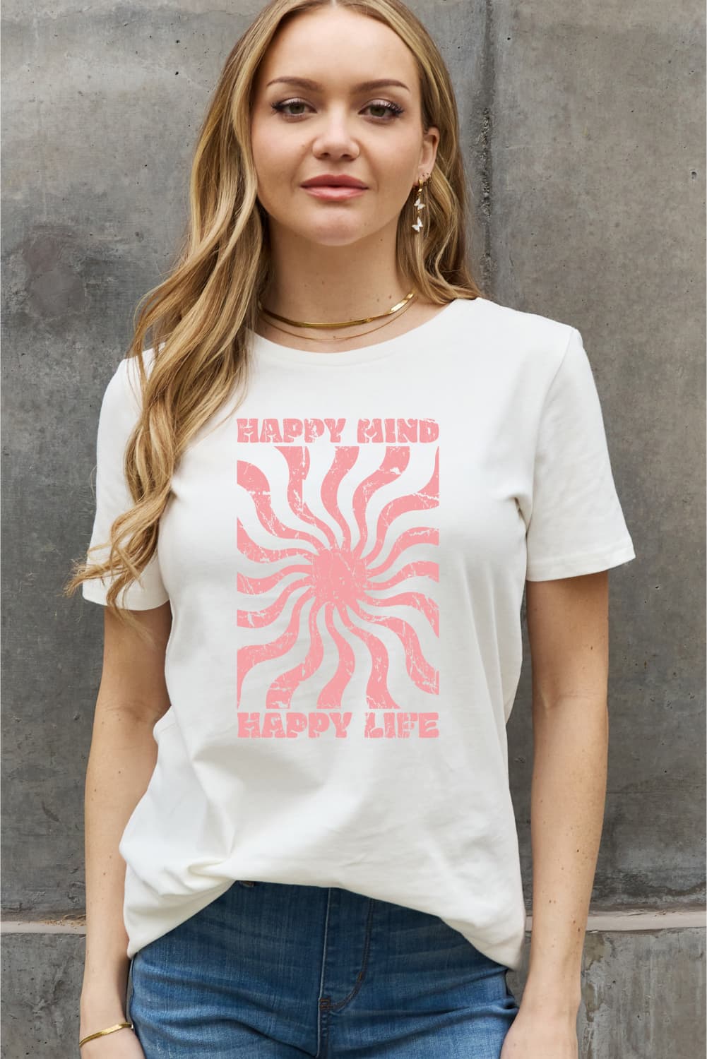 Simply Love Full Size HAPPY MIND HAPPY LIFE Graphic Cotton Tee  Shirts & Tops- Doll Fits