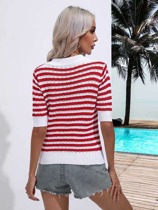 Striped Johnny Collar Half Sleeve Knit Top  Shirts & Tops- Doll Fits