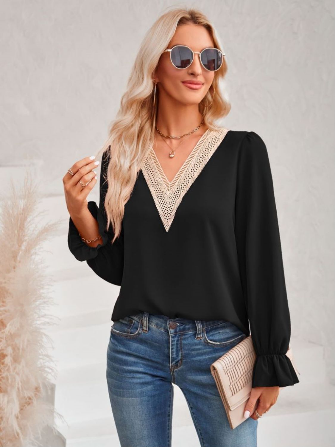 Contrast Trim Flounce Sleeve V-Neck Blouse  Shirts & Tops- Doll Fits