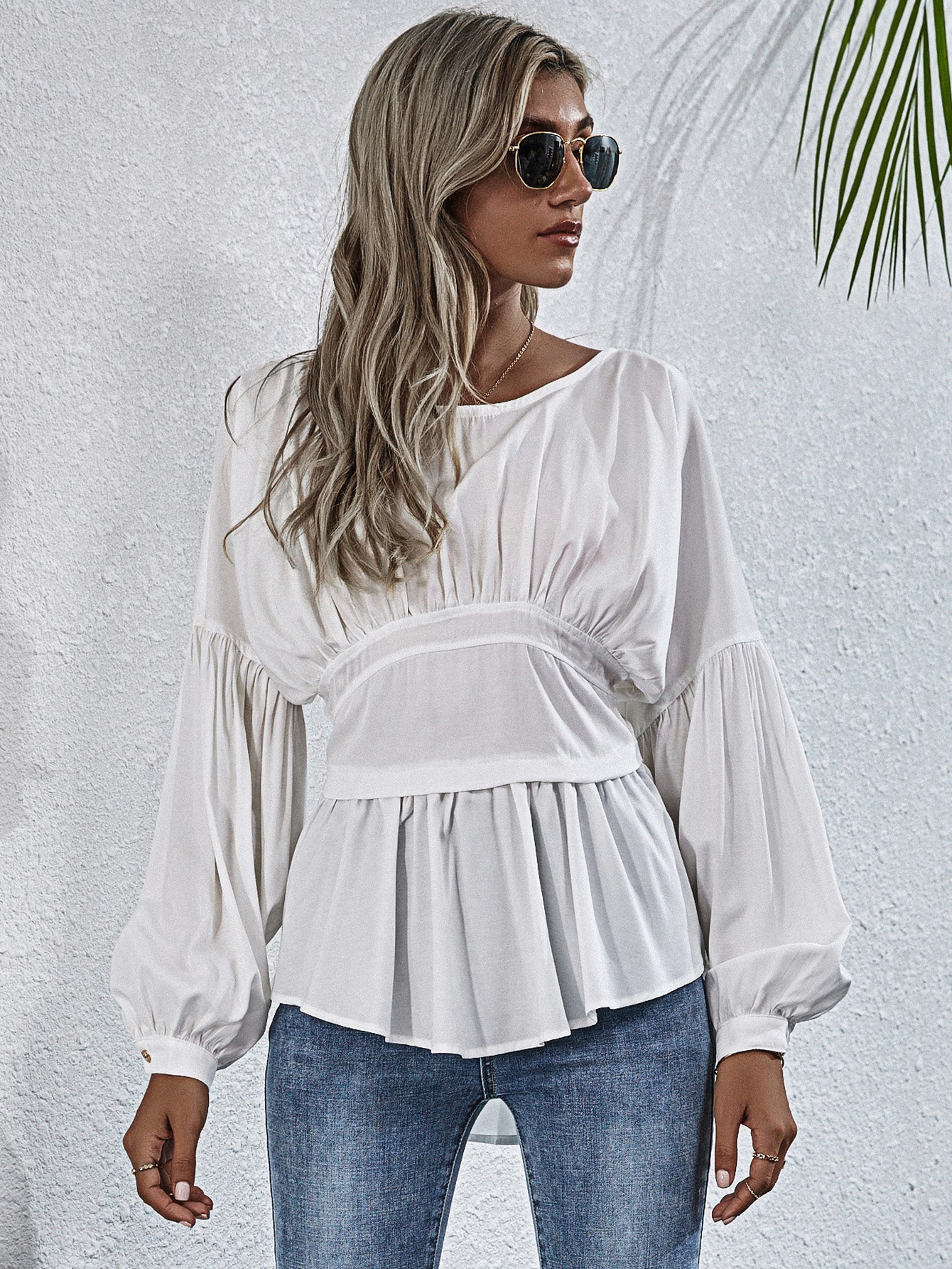 Exposed Seams Round Neck Dropped Shoulder Blouse  - Doll Fits