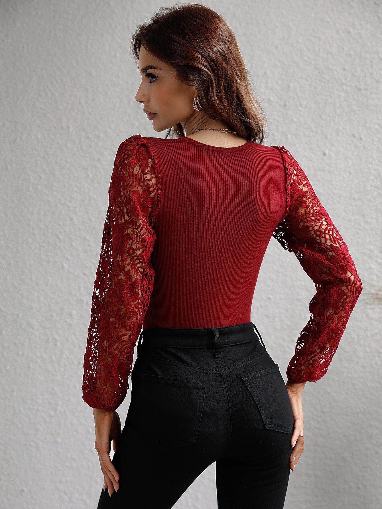 Lace Sleeve Round Neck Ribbed Top  Shirts & Tops- Doll Fits