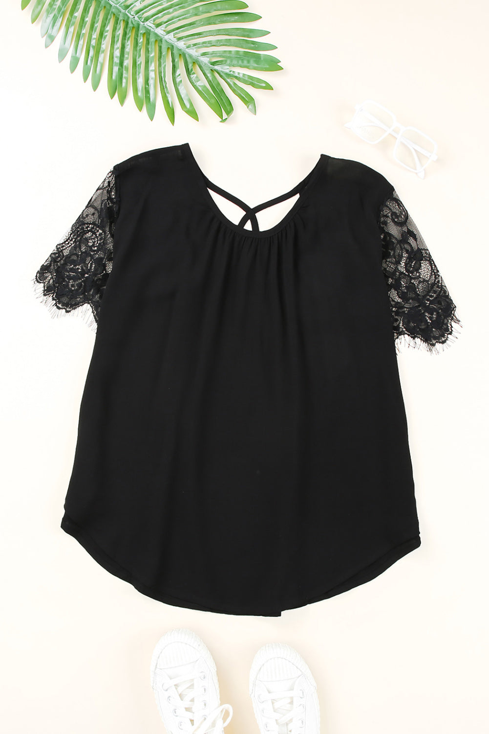 Strappy Neck Spliced Lace Eyelash Trim Blouse  Shirts & Tops- Doll Fits