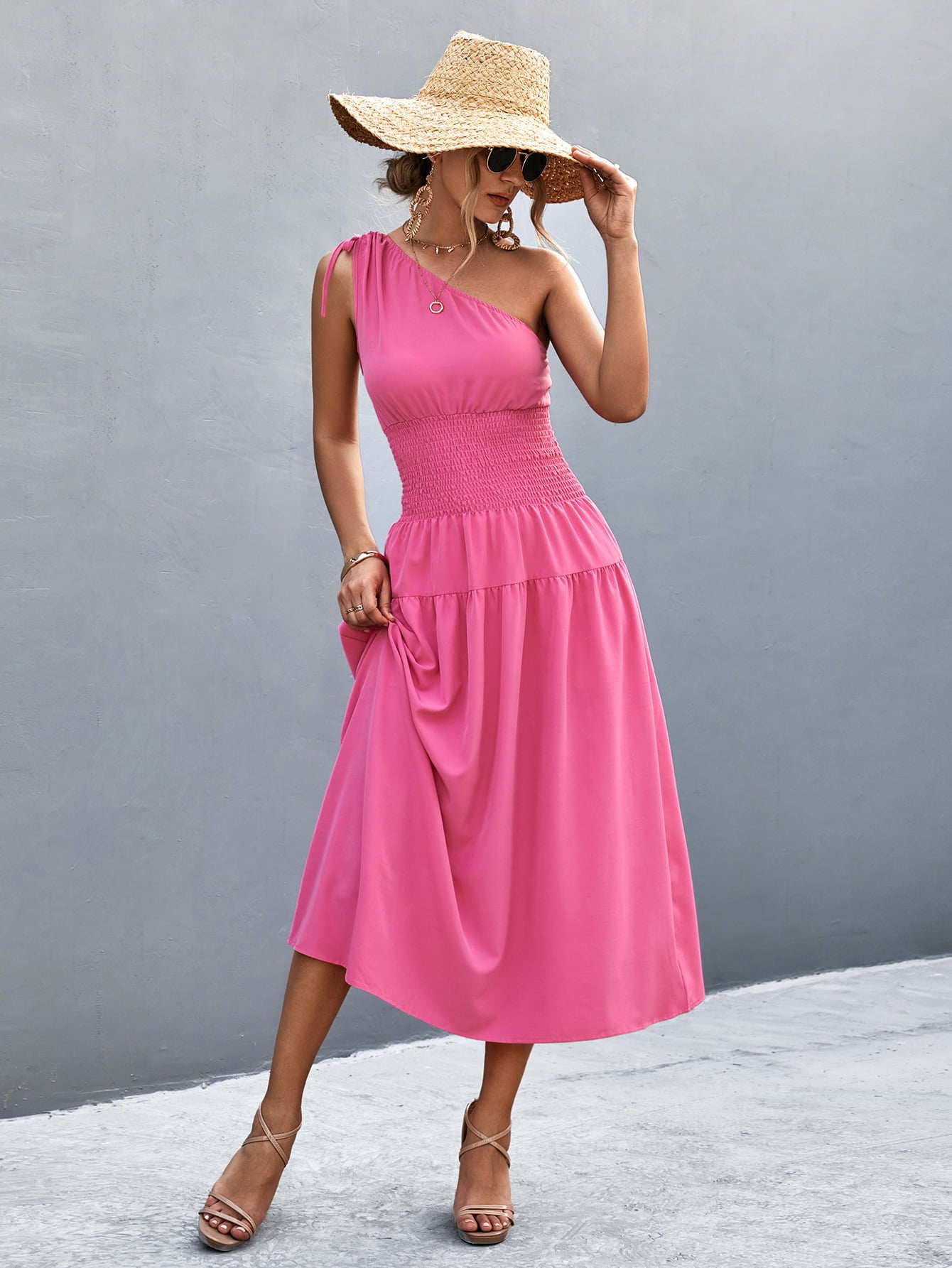 Asymmetrical One Shoulder Smocked Waist Midi Dress  Dresses- Doll Fits