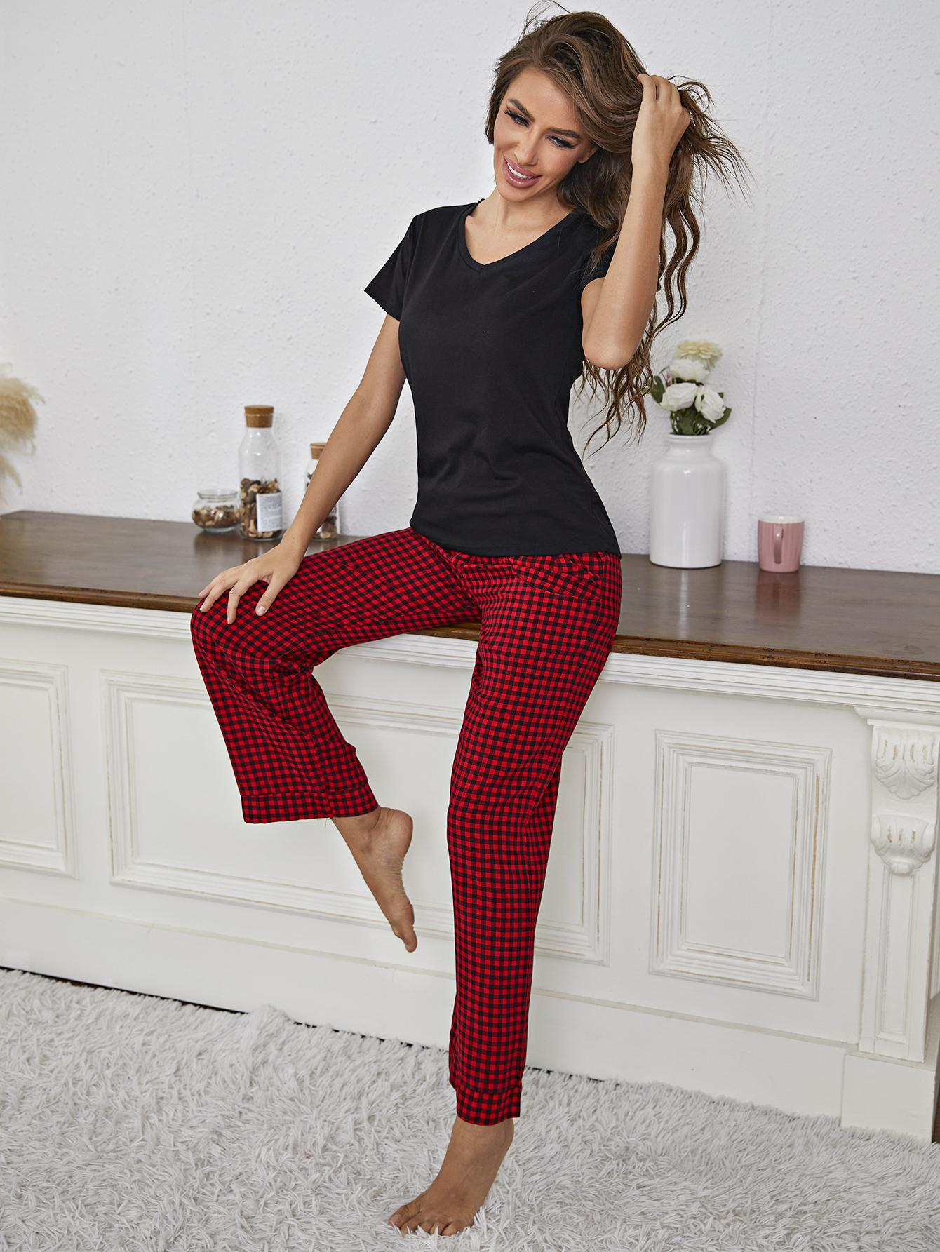 V-Neck Top and Gingham Pants Lounge Set  Sleepwear & Loungewear- Doll Fits