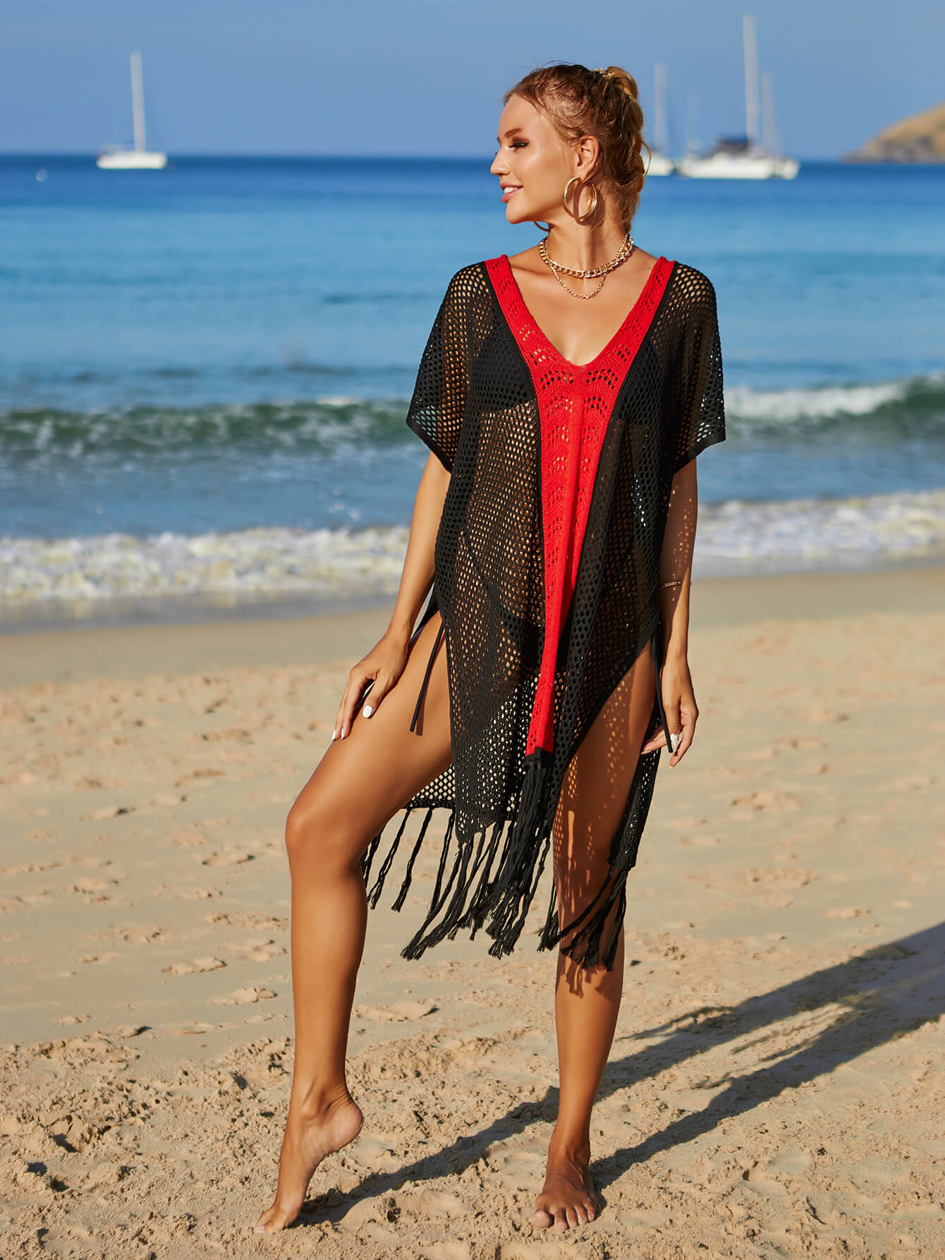 Contrast Fringe Trim Openwork Cover-Up Dress  Swimwear- Doll Fits