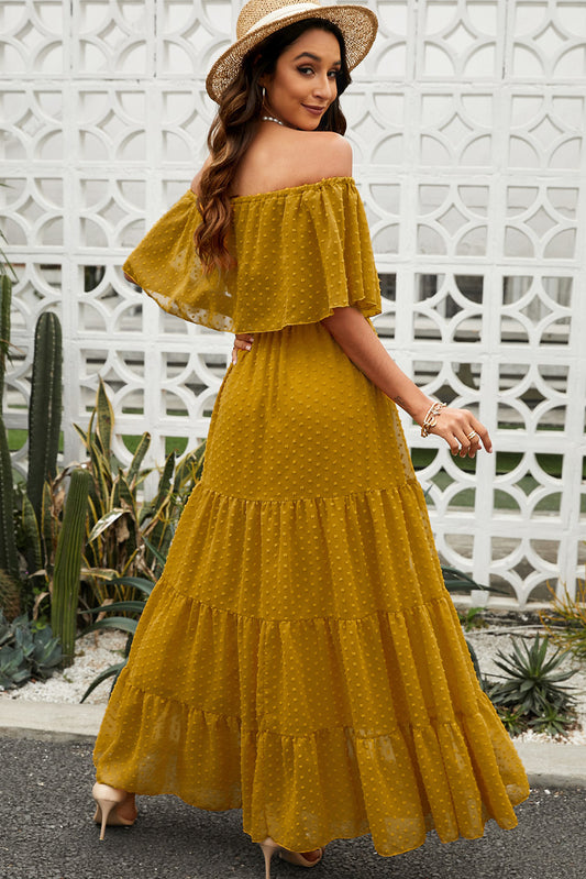 Swiss Dot Off-Shoulder Tiered Maxi Dress  Dresses- Doll Fits