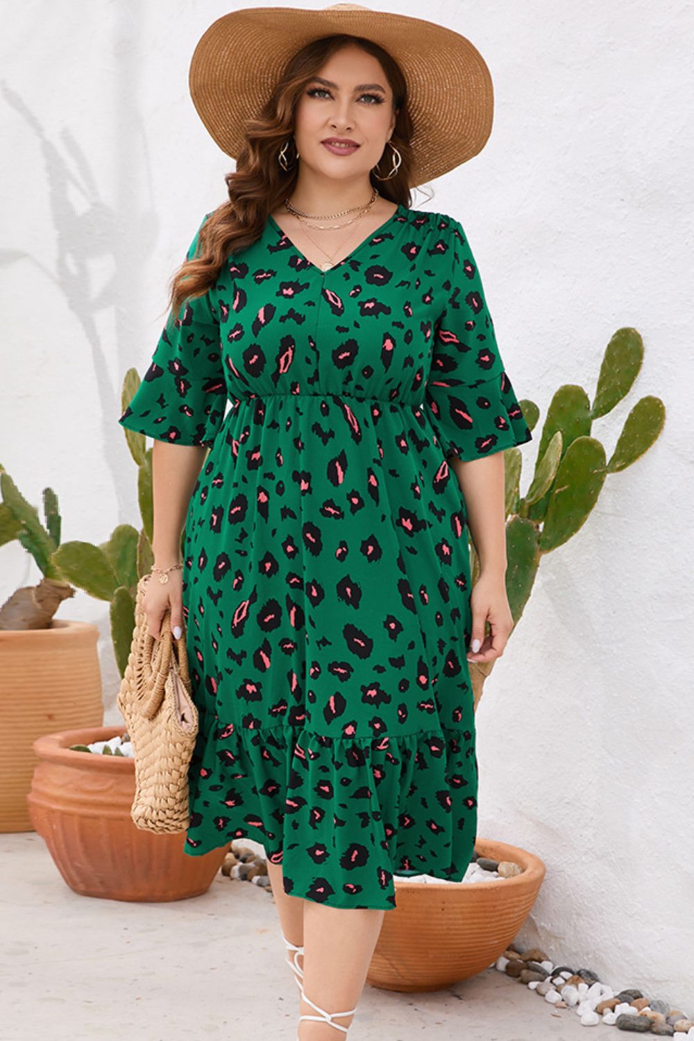 Plus Size Printed Flare Sleeve V-Neck Dress  Dresses- Doll Fits