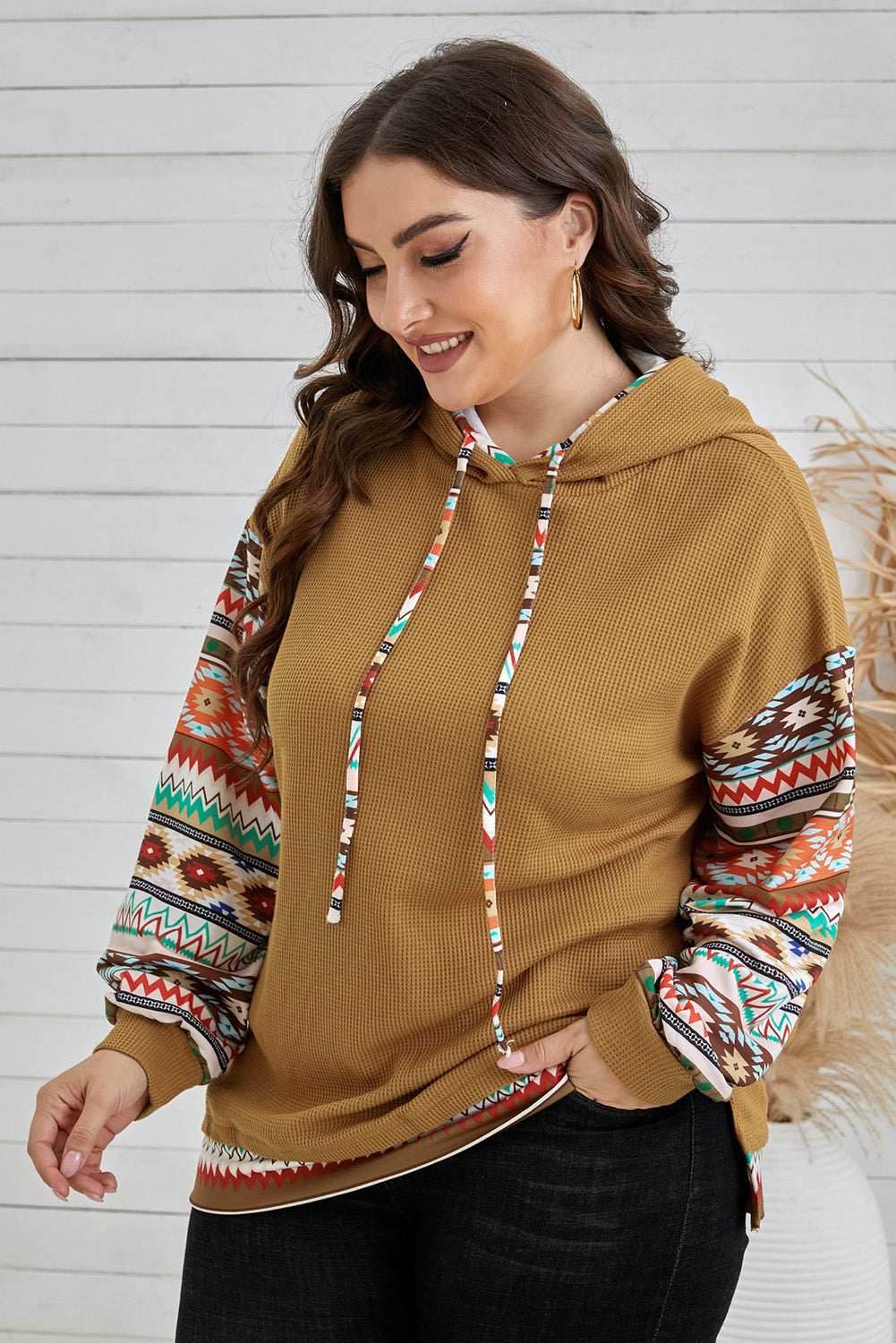 Plus Size Printed Side Slit Waffle-Knit Hoodie  Shirts & Tops- Doll Fits