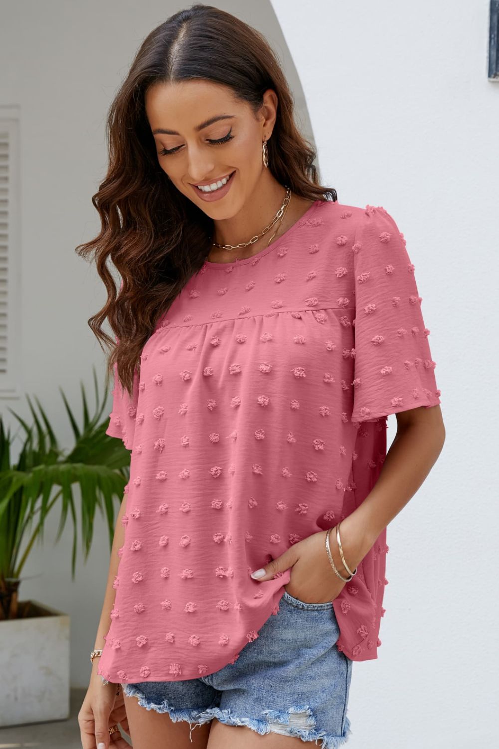 Swiss Dot Puff Sleeve Round Neck Blouse  Shirts & Tops- Doll Fits