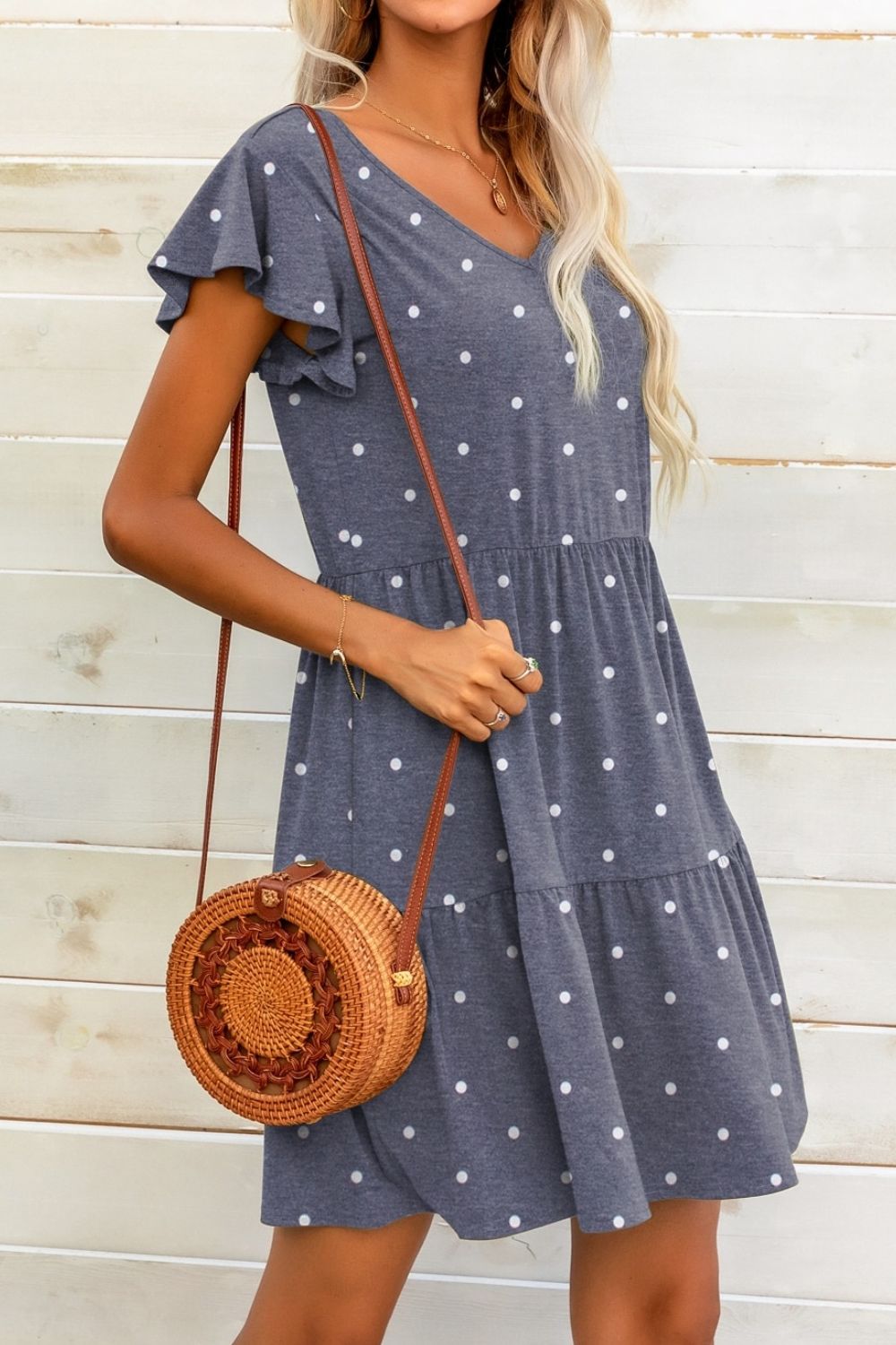 Polka Dot V-Neck Flutter Sleeve Mini Dress  Dresses- Doll Fits