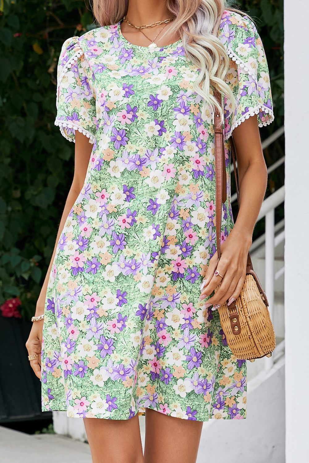 Floral Pom Pom Detail Petal Sleeve Dress  Dresses- Doll Fits