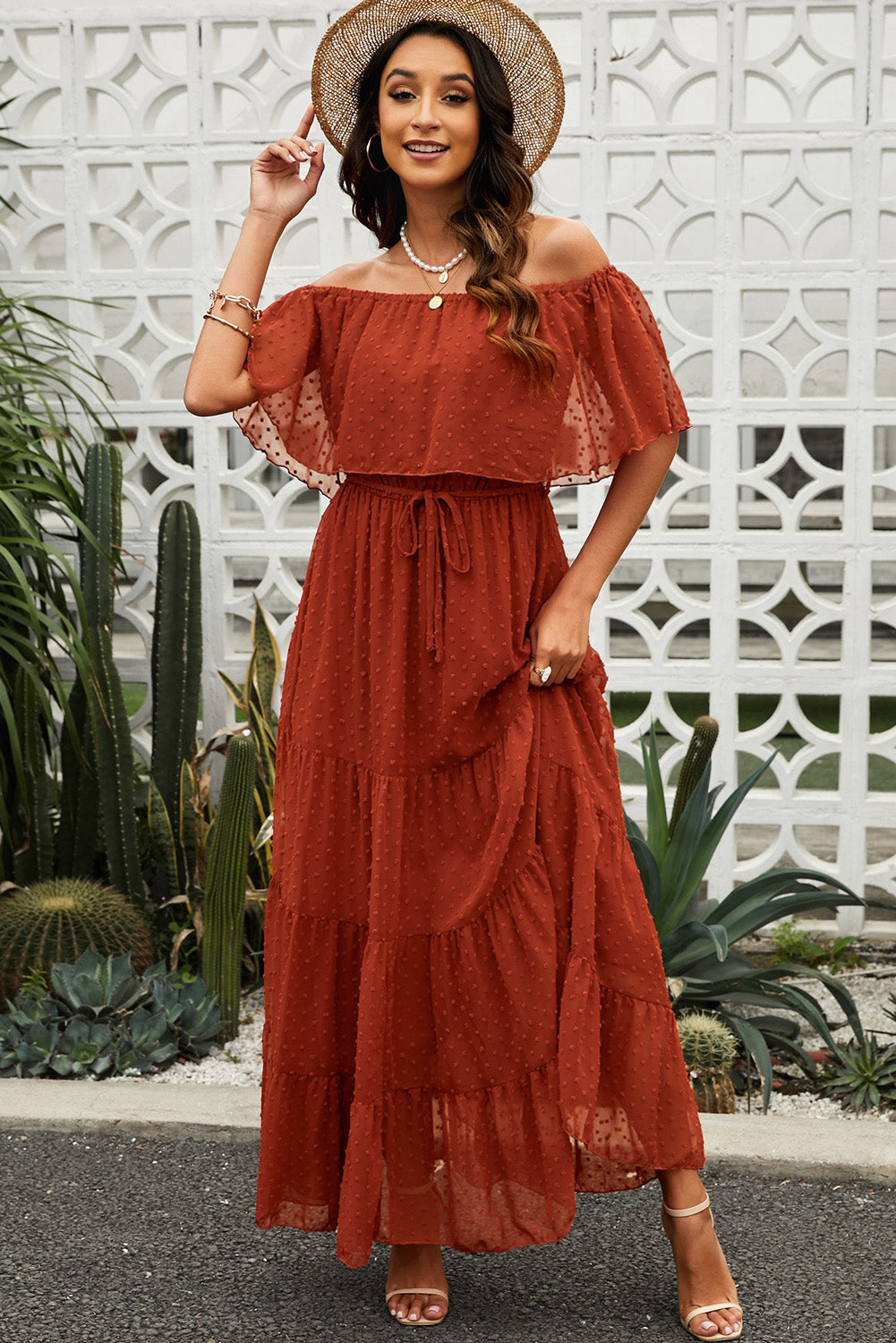 Swiss Dot Off-Shoulder Tiered Maxi Dress  Dresses- Doll Fits
