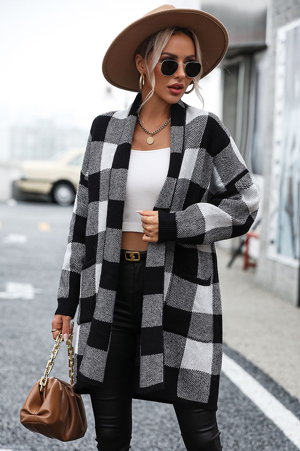 Plaid Dropped Shoulder Cardigan with Pocket  - Doll Fits