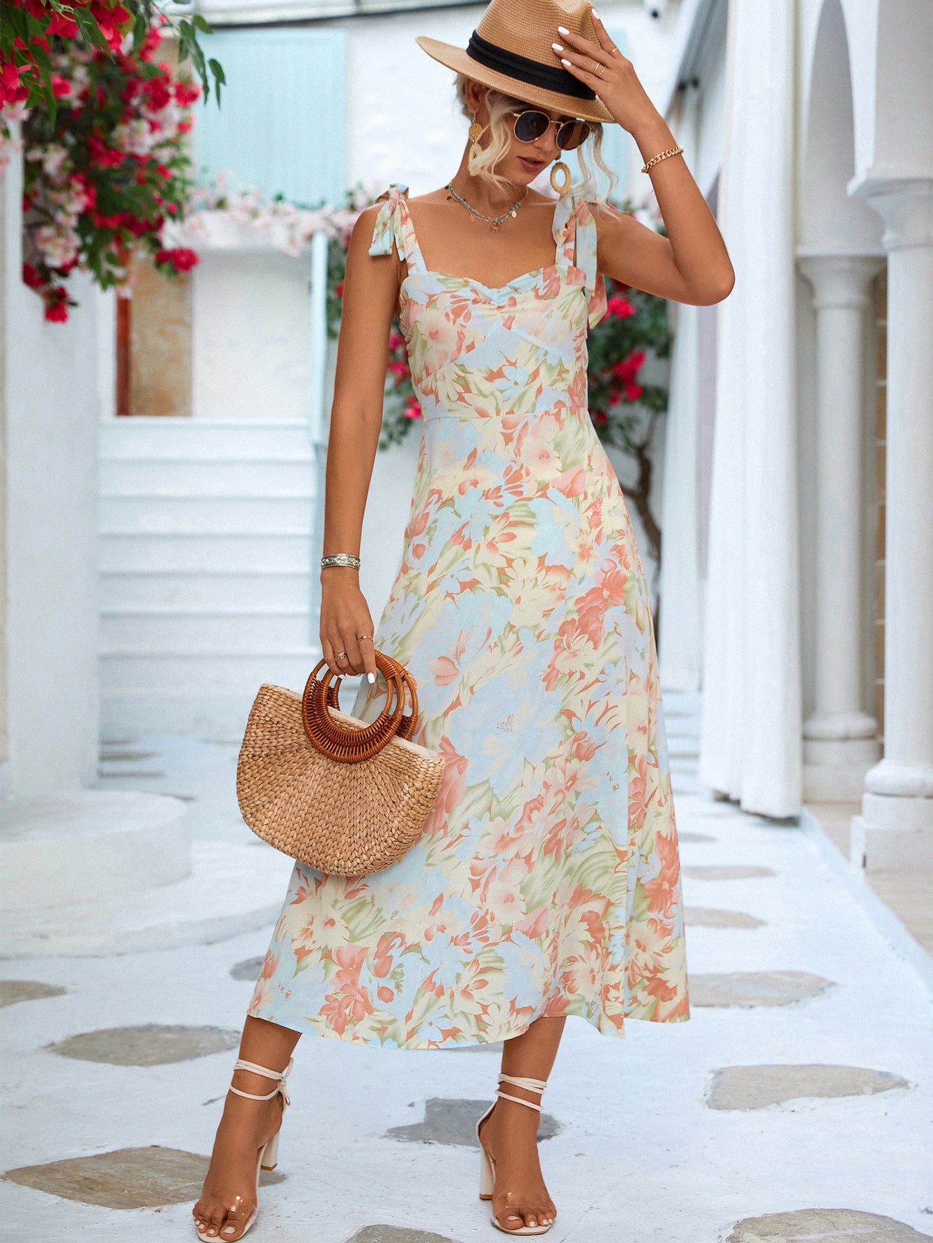 Floral Tie-Shoulder Sweetheart Neck Dress  Dresses- Doll Fits