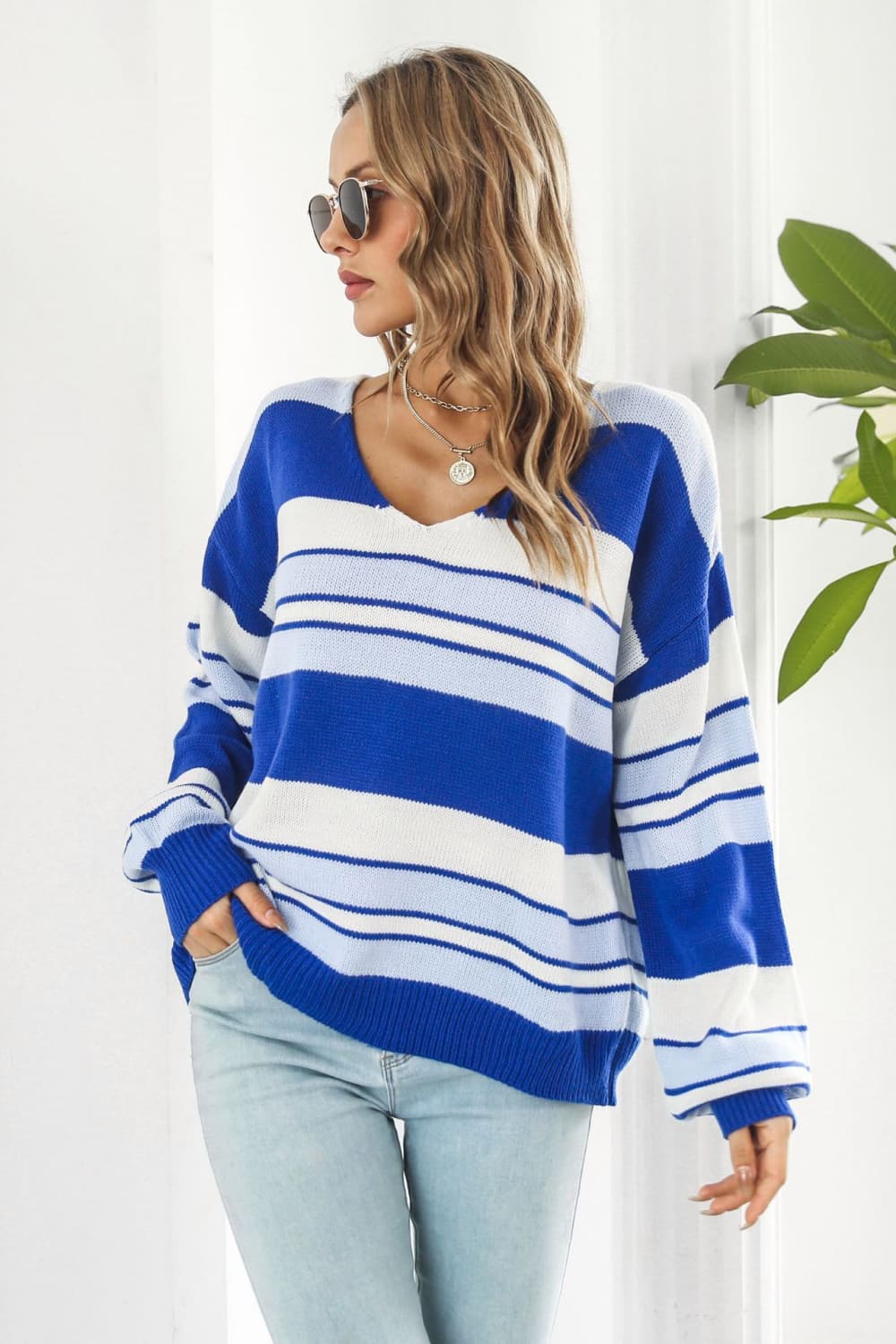 Striped V-Neck Dropped Shoulder Sweater  - Doll Fits