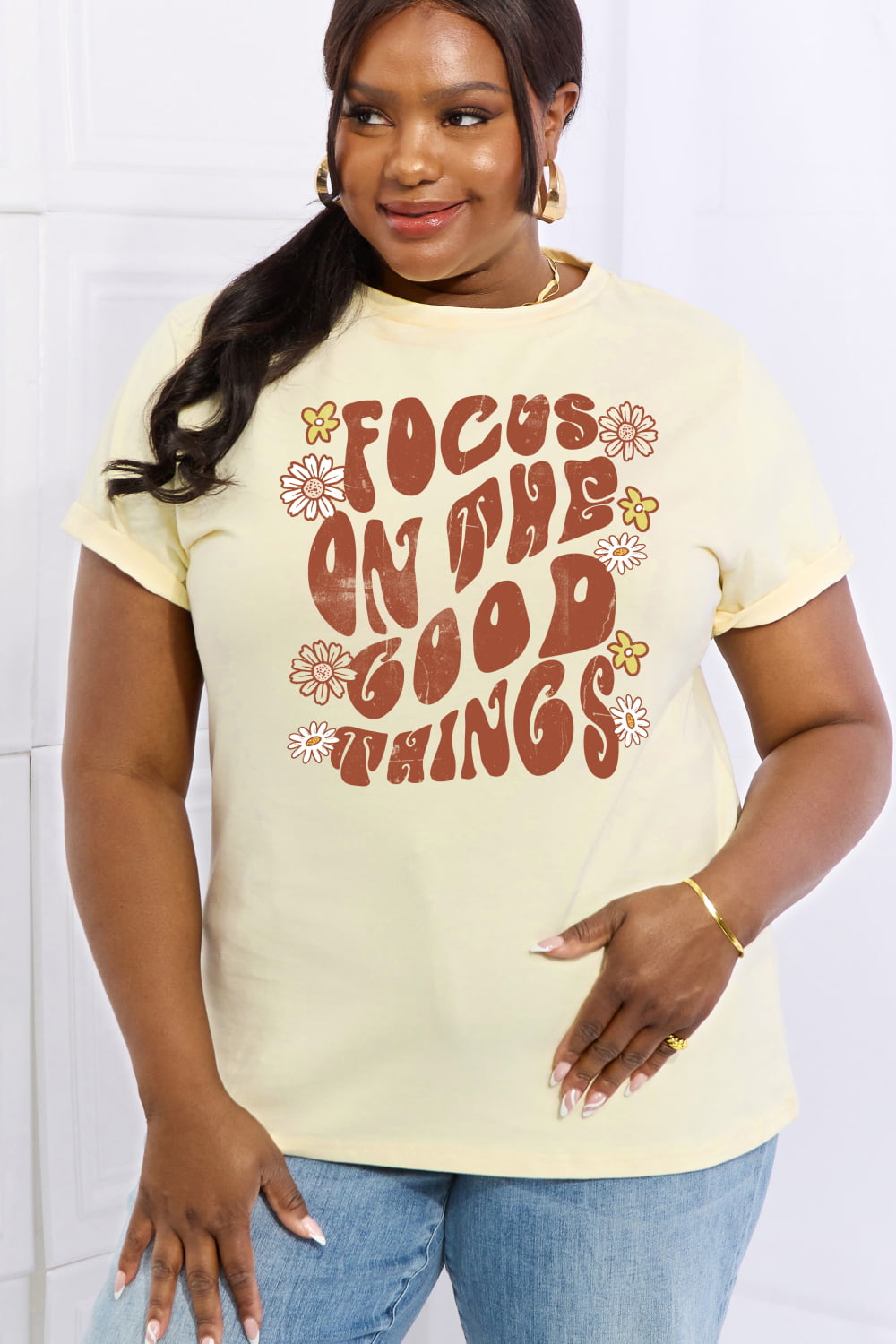 Simply Love Full Size FOCUS ON THE GOOD THINGS Graphic Cotton Tee  - Doll Fits