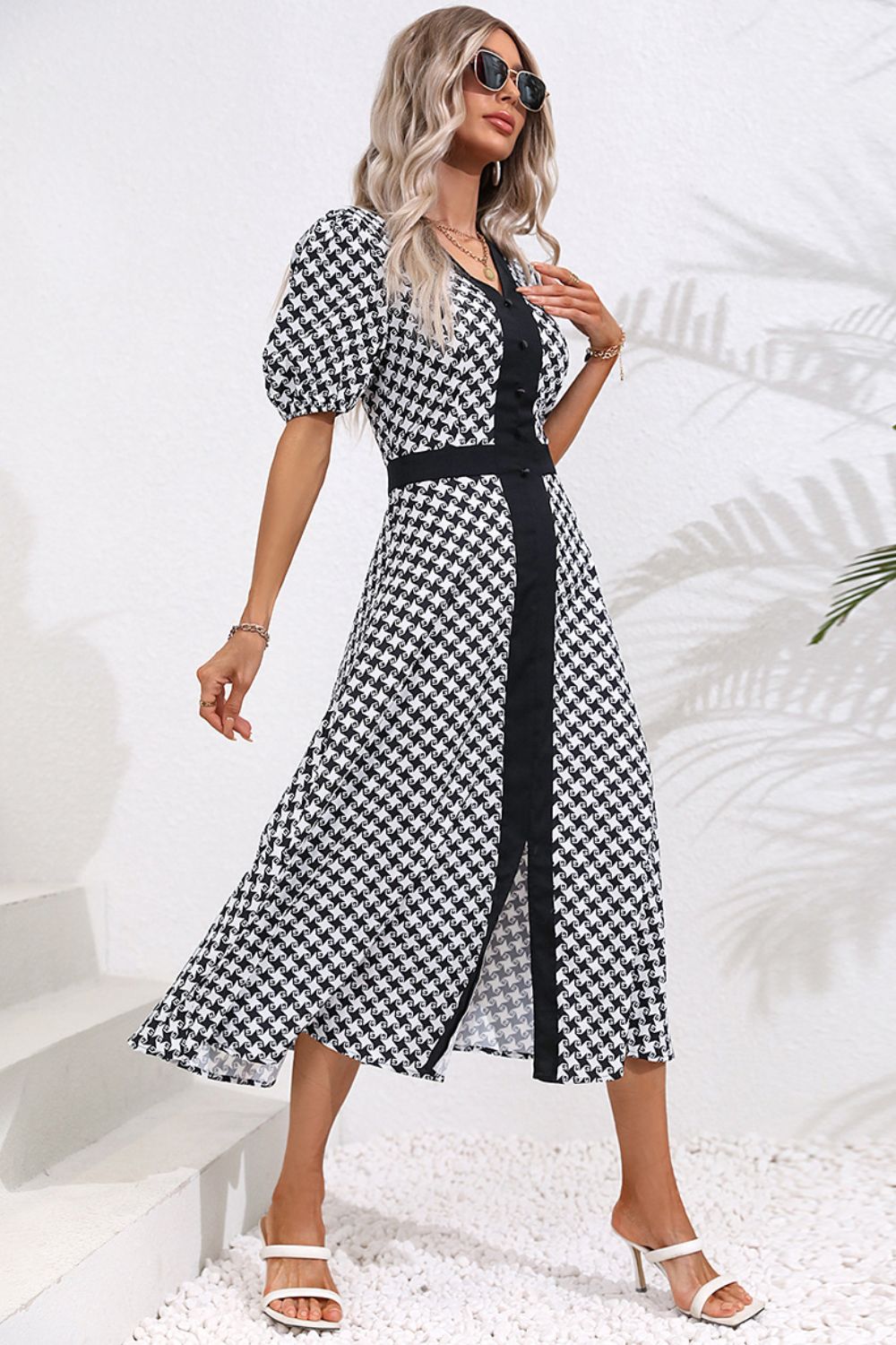 Printed Decorative Button V-Neck Slit Dress  Dresses- Doll Fits