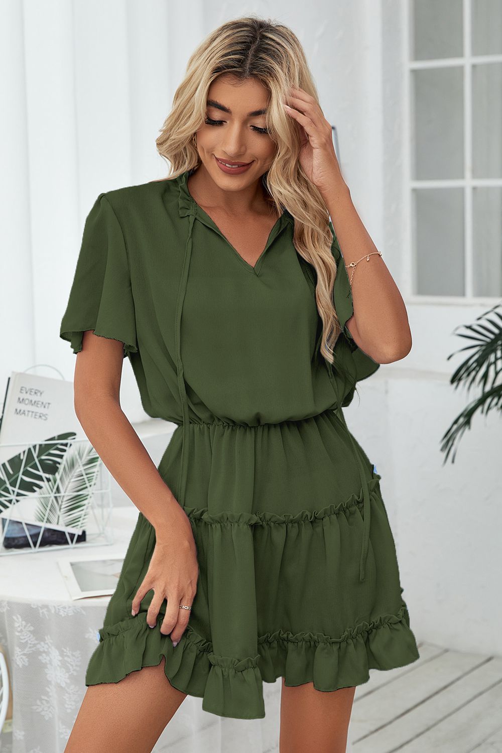 Tie Neck Frill Trim Short Sleeve Mini Dress  Dresses- Doll Fits