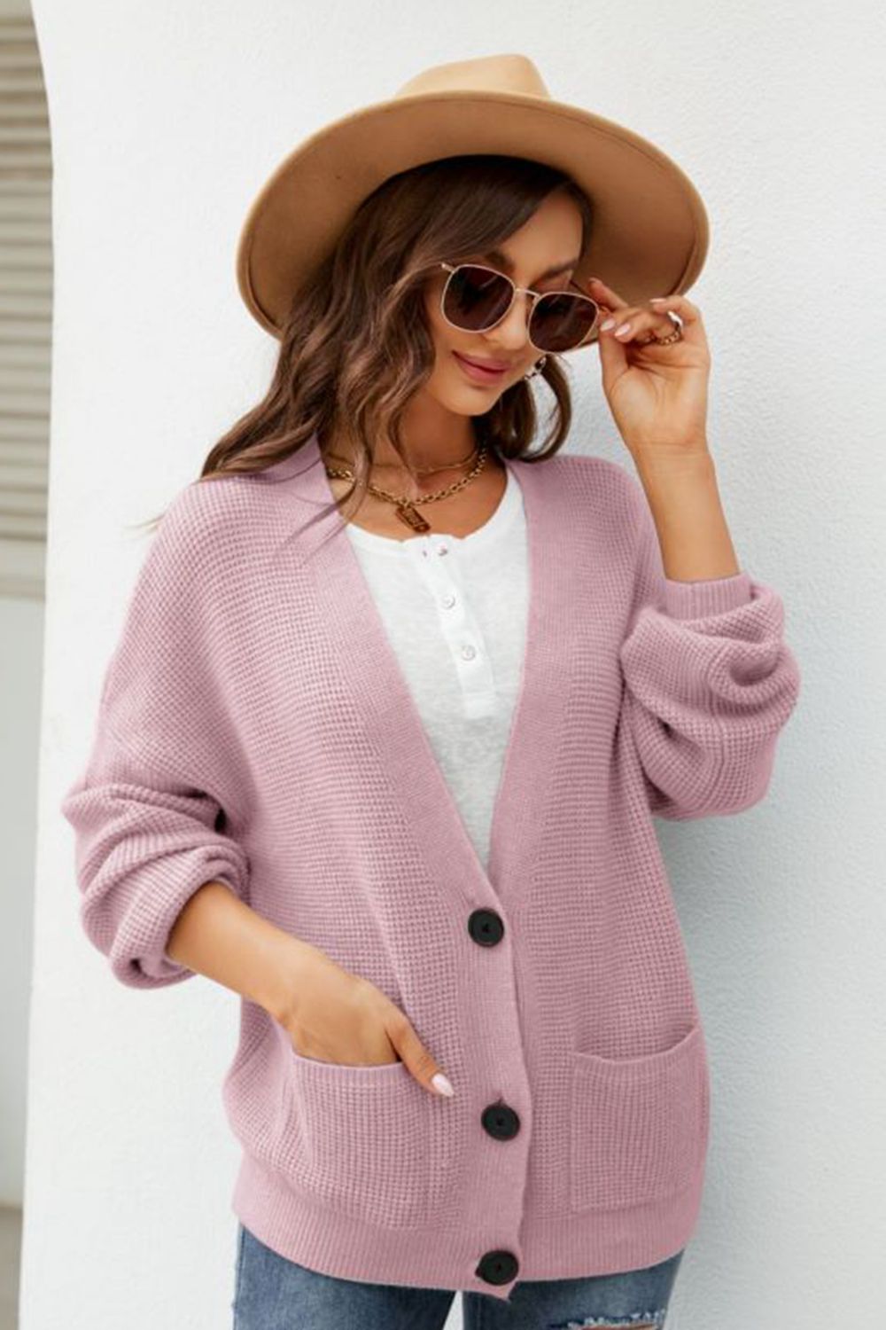 Waffle-Knit Dropped Shoulder Cardigan  - Doll Fits
