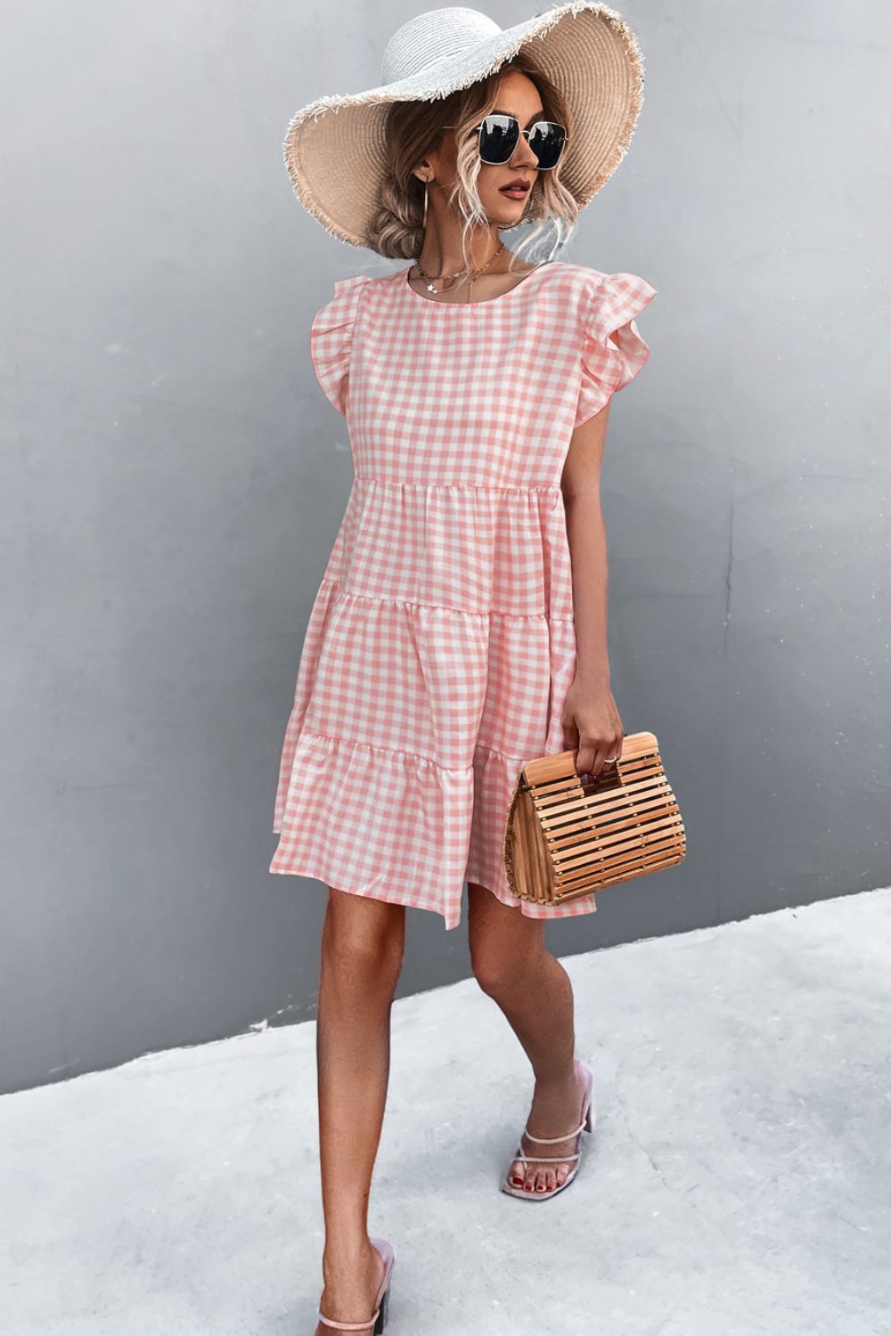 Gingham Ruffle Shoulder Tiered Dress  Dresses- Doll Fits
