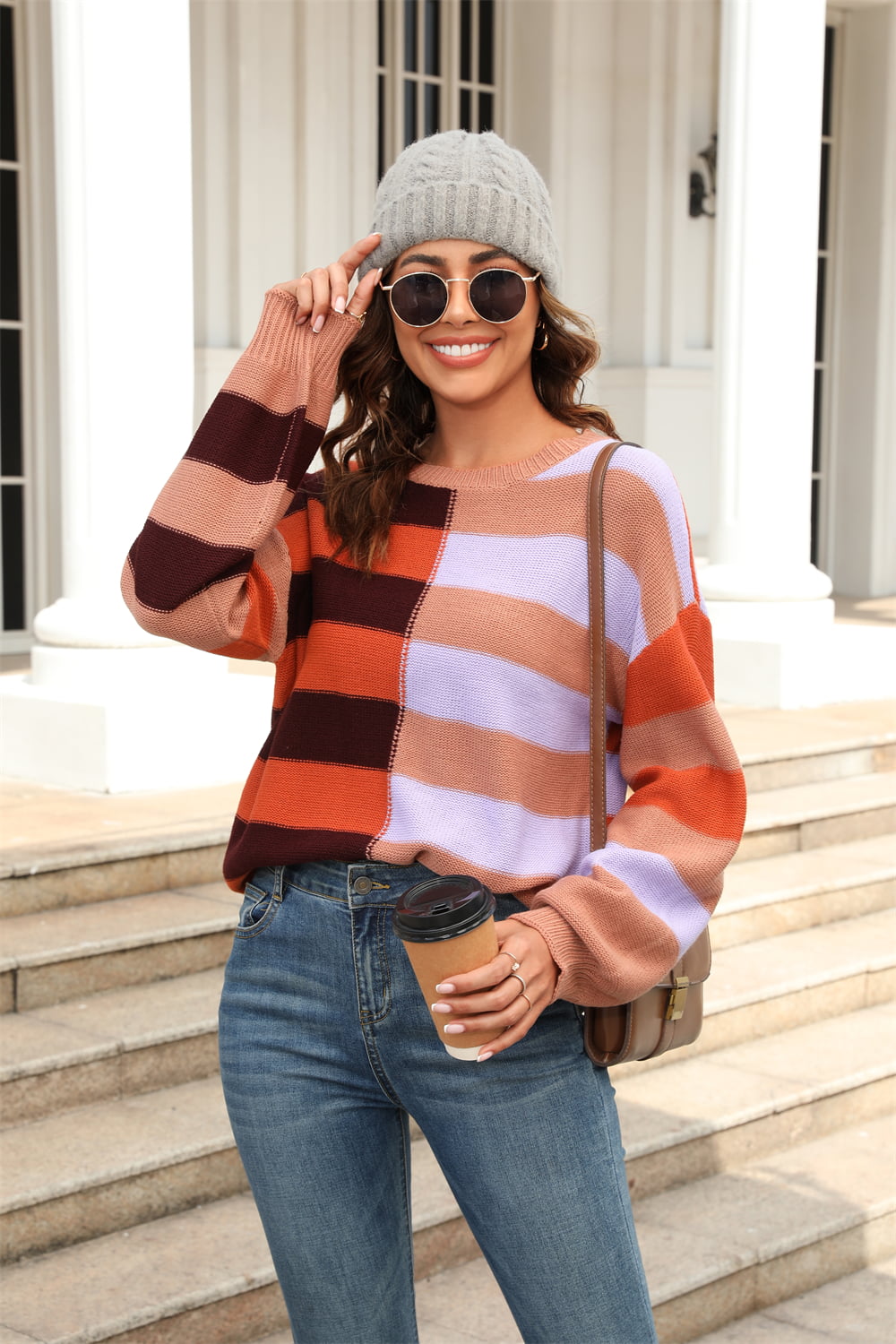 Round Neck Long Sleeve Color Block Dropped Shoulder Pullover Sweater  Shirts & Tops- Doll Fits
