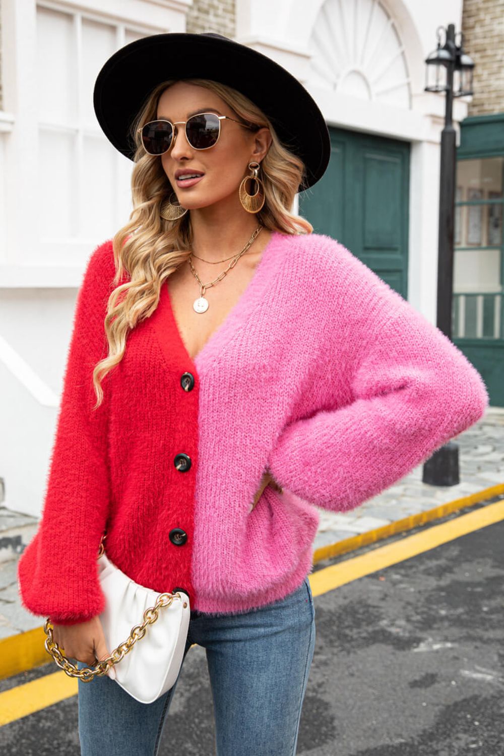 Contrast Button-Front V-Neck Cardigan  Coats & Jackets- Doll Fits
