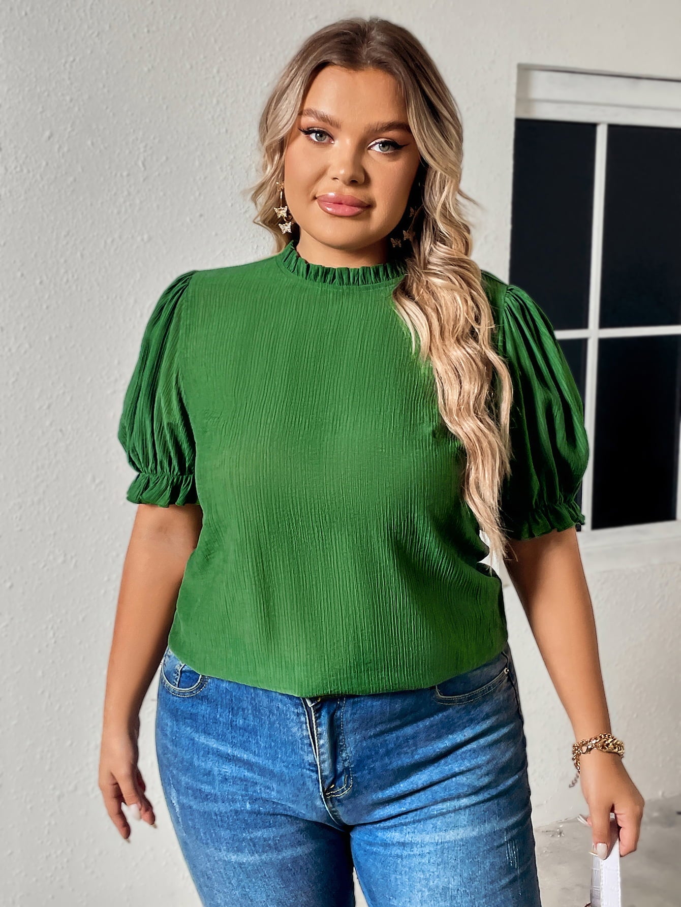 Plus Size Round Neck Flounce Sleeve Blouse  Shirts & Tops- Doll Fits