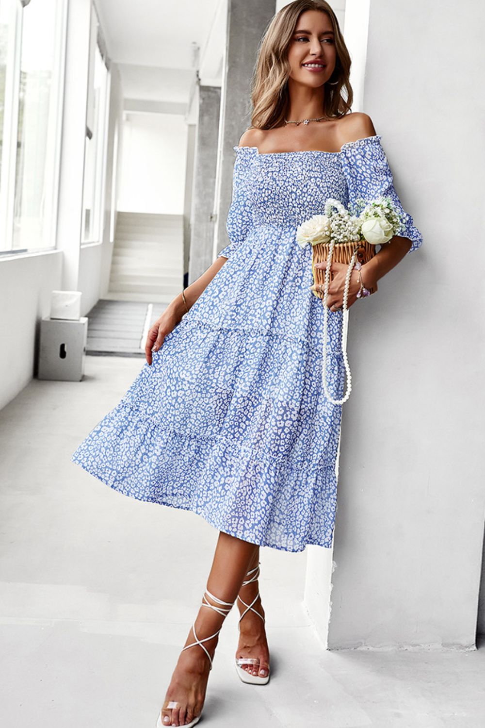 Ditsy Floral Off-Shoulder Smocked Midi Dress  Dresses- Doll Fits