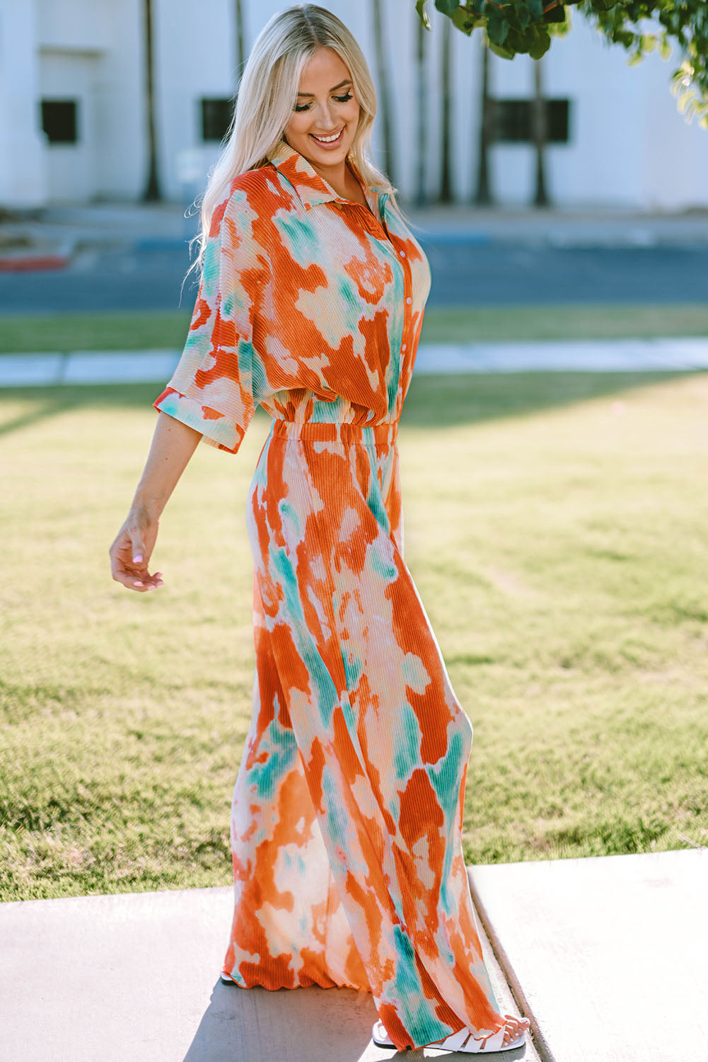 Tie-Dye Collared Wide Leg Jumpsuit  - Doll Fits