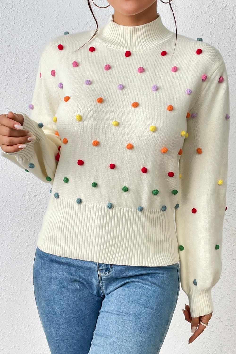 Pom-Pom Trim Mock Neck Long Sleeve Pullover Sweater  - Doll Fits