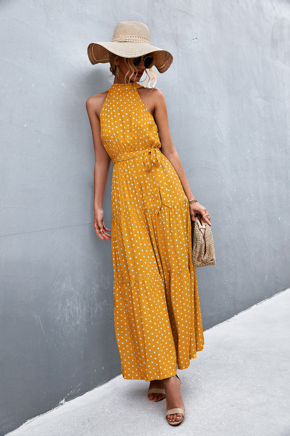 Printed Sleeveless Tie Waist Maxi Dress  Dresses- Doll Fits