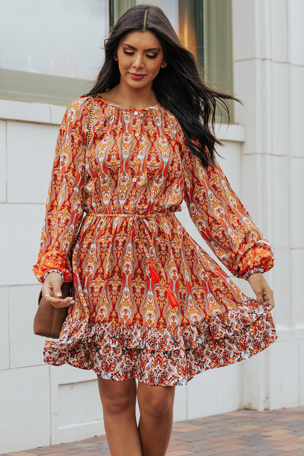 Printed Balloon Sleeve Tassel Tie Dress  Dresses- Doll Fits