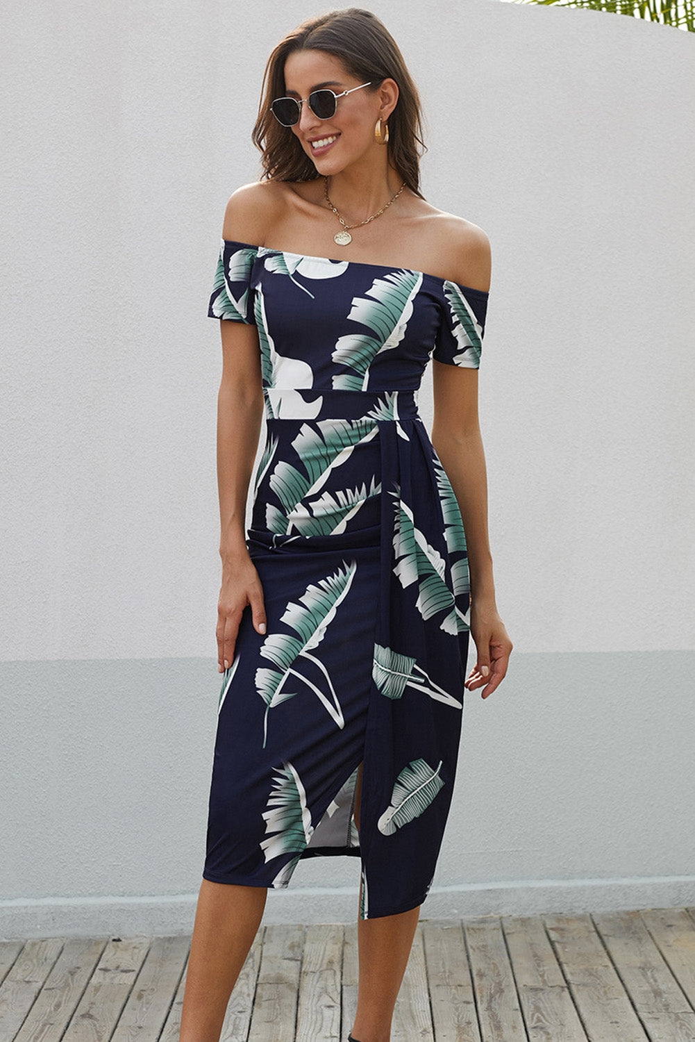 Printed Off-Shoulder Split Dress  Dresses- Doll Fits
