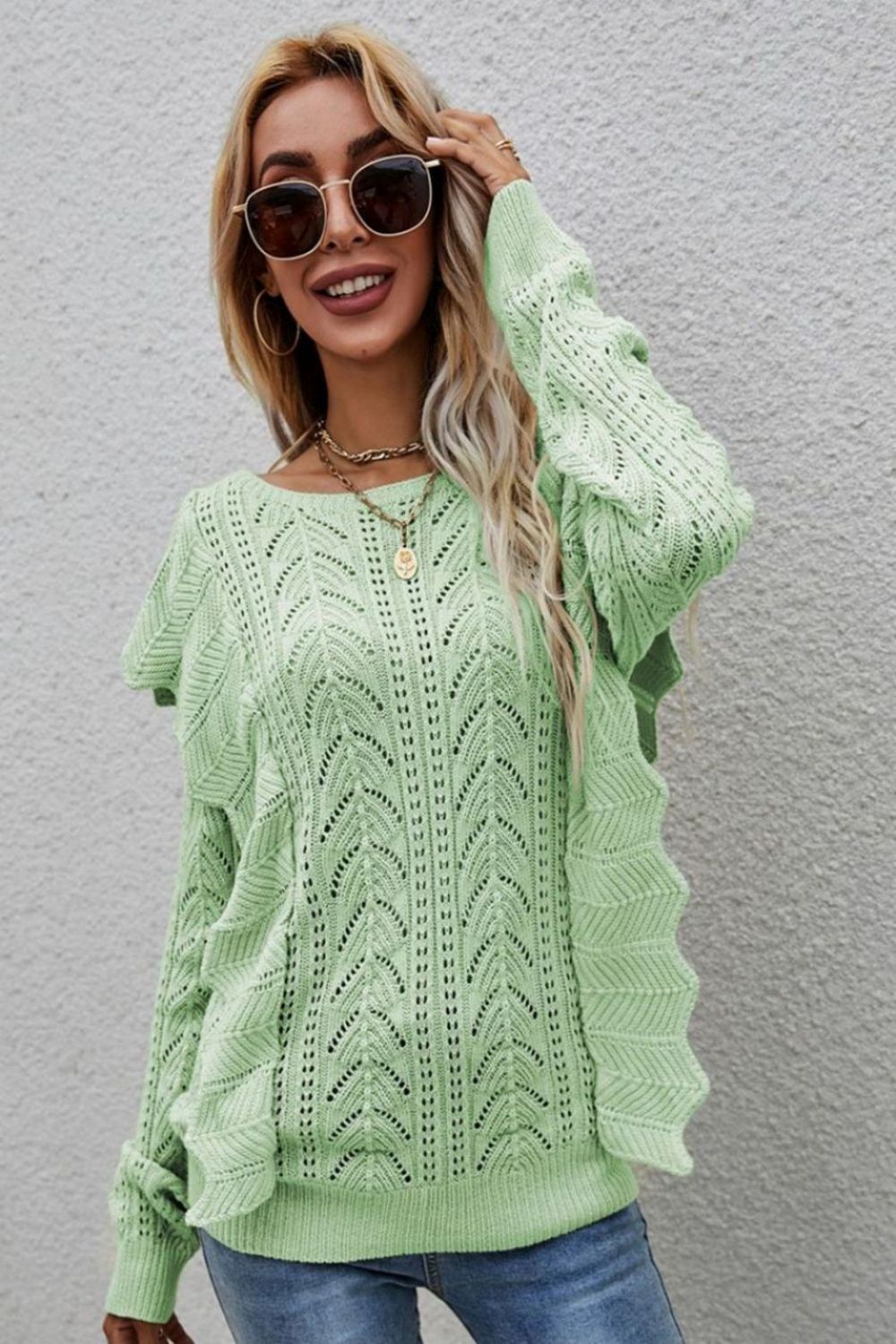 Openwork Round Neck Ruffled Sweater  Shirts & Tops- Doll Fits