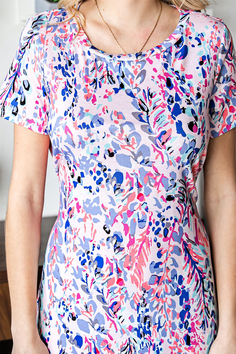 Printed Round Neck Short Sleeve Mini Dress  Dresses- Doll Fits