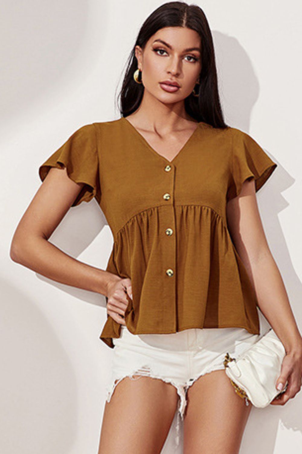 Button Front Flutter Sleeve Babydoll Blouse  Shirts & Tops- Doll Fits