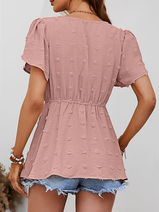 Swiss Dot Buttoned Petal Sleeve Peplum Blouse  Shirts & Tops- Doll Fits