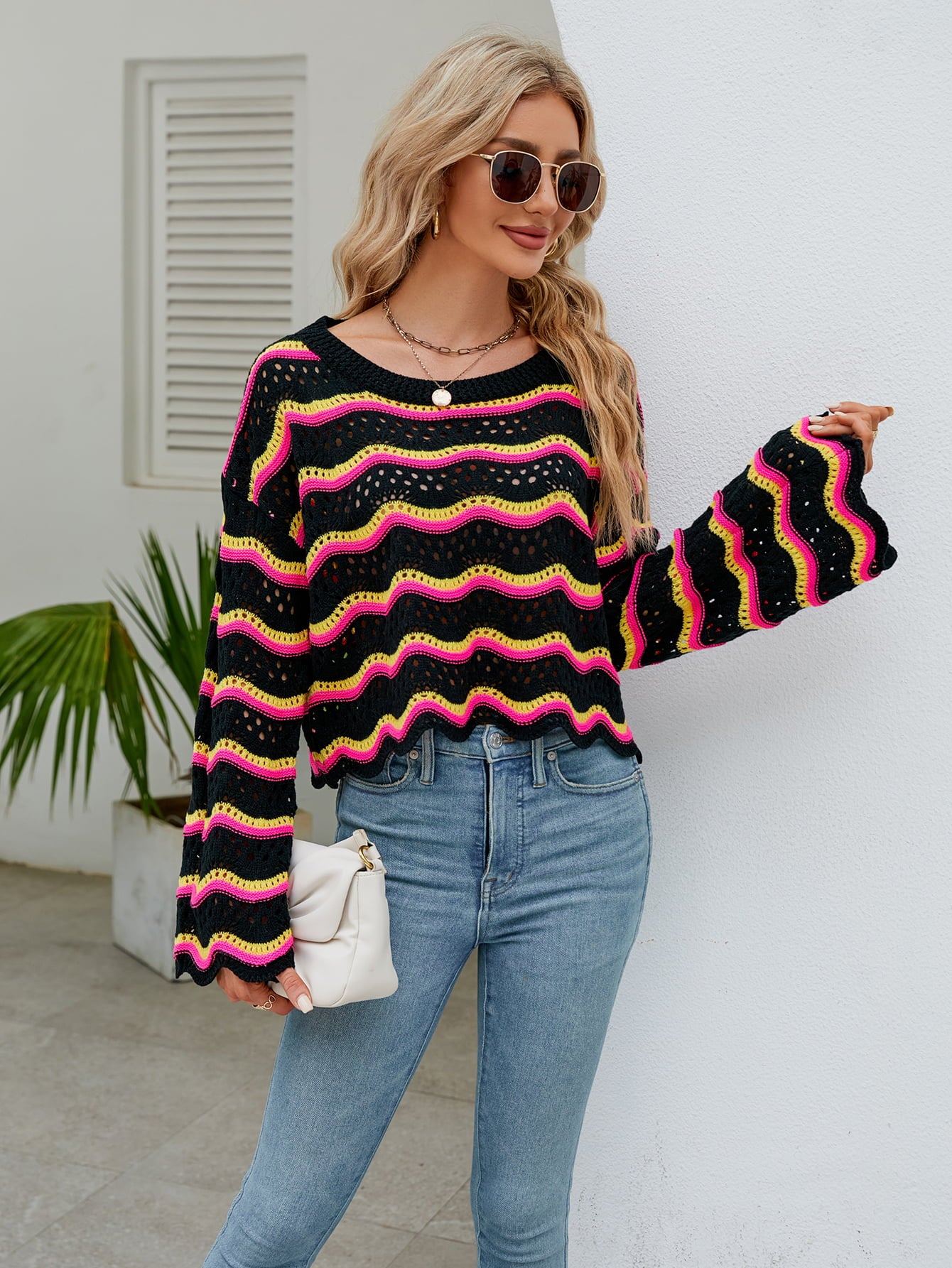 Round Neck Openwork Flare Sleeve Knit Top  - Doll Fits