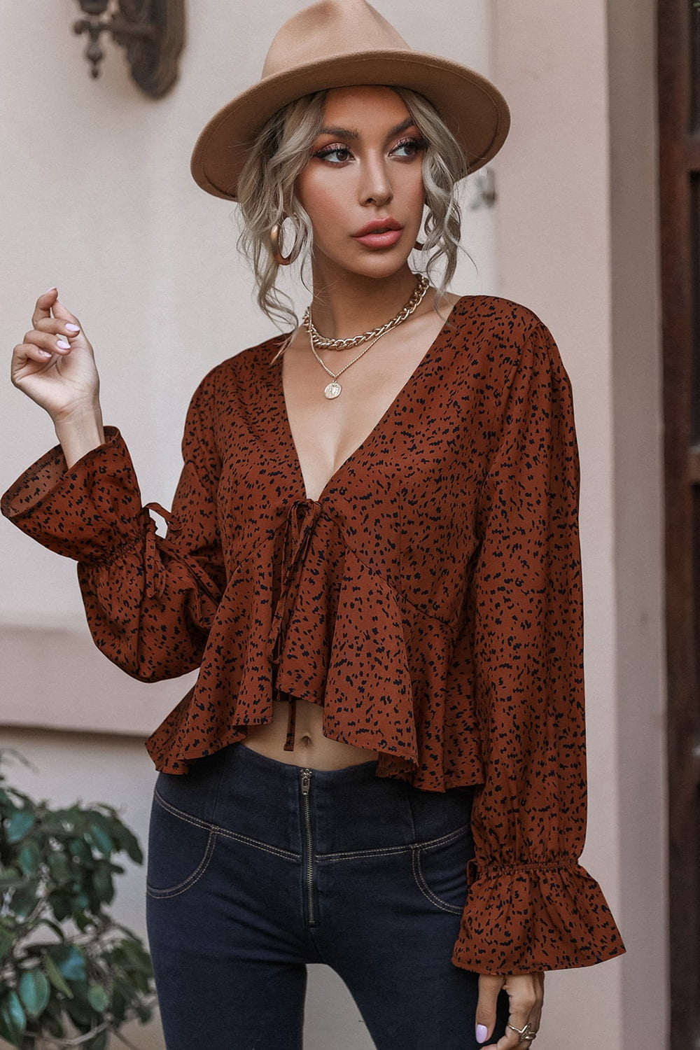Cropped V-Neck Long Sleeve Blouse  - Doll Fits