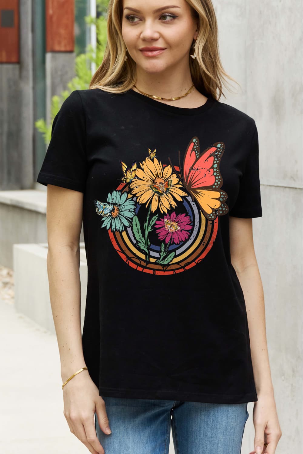 Simply Love Full Size Flower & Butterfly Graphic Cotton Tee  Shirts & Tops- Doll Fits