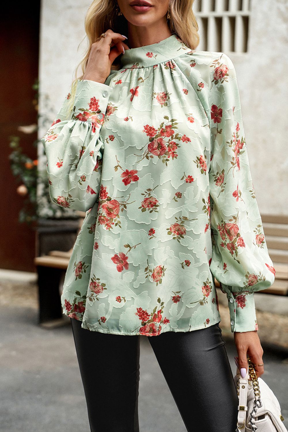 Floral Print Mock Neck Lantern Sleeve Blouse  - Doll Fits