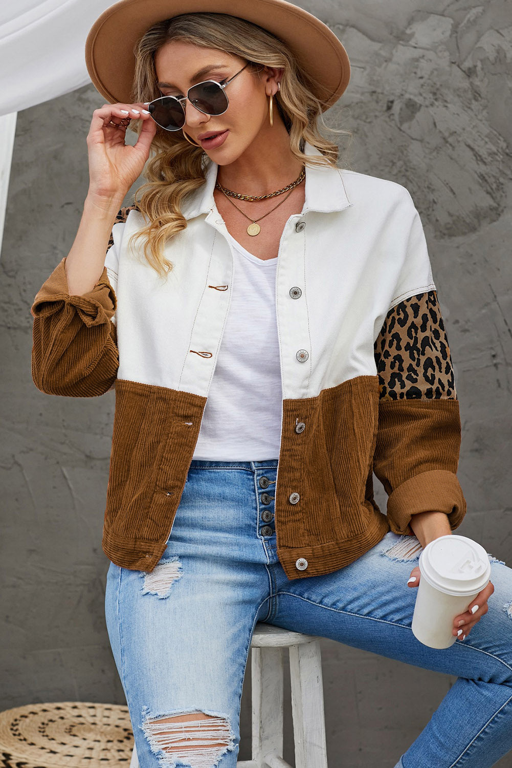 Leopard Color Block Button-Up Corduroy Shacket  - Doll Fits